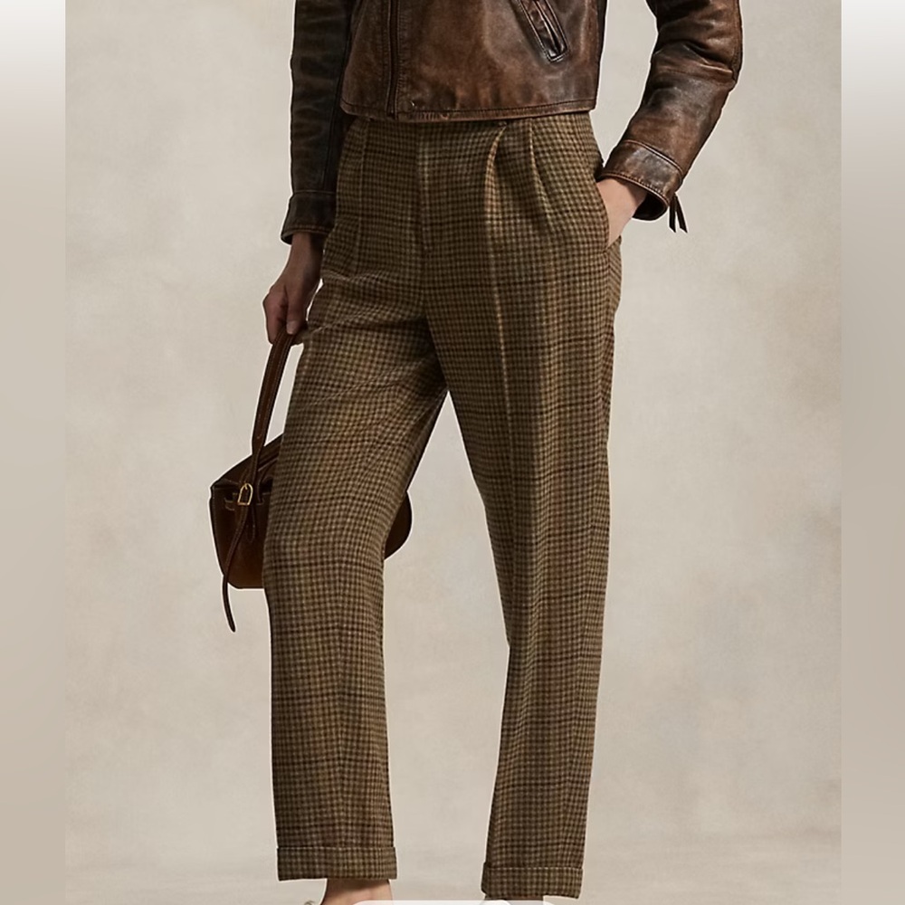 Ralph Lauren High Rise Wool Glen Plaid Pleated Pants Trousers Women 0